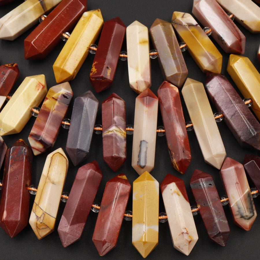 Natural Australian Mookaite Jasper Beads Faceted Double Terminated Points Large Long Healing Focal Pendant Bullet Hexagon Bicone 16" Strand