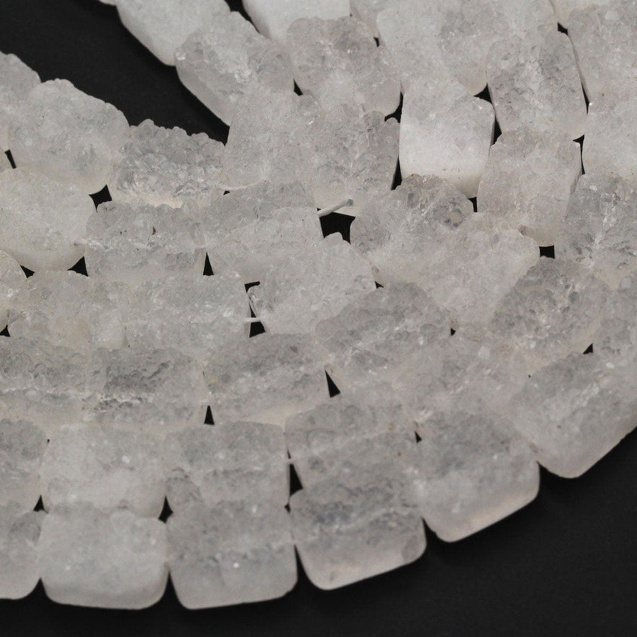 Pristine Icy White Natural Rock Quartz Druzy Beads Drusy Beads 8mm 12mm Rectangle Drilled Crystal Beads Perfect for Earrings 16" Full Strand