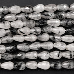 Black Rutilated Quartz Faceted Teardrop Beads 8x5mm Vertically Long Drilled Natural Black Tourmaline in Clear Quartz Gemstone 16" Strand