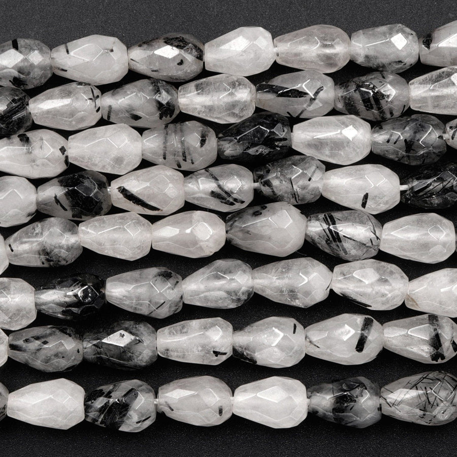Black Rutilated Quartz Faceted Teardrop Beads 8x5mm Vertically Long Drilled Natural Black Tourmaline in Clear Quartz Gemstone 16" Strand