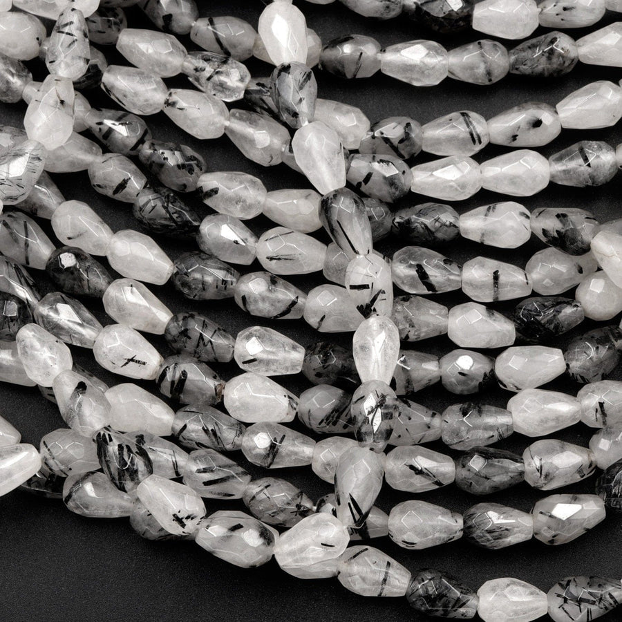 Black Rutilated Quartz Faceted Teardrop Beads 8x5mm Vertically Long Drilled Natural Black Tourmaline in Clear Quartz Gemstone 16" Strand
