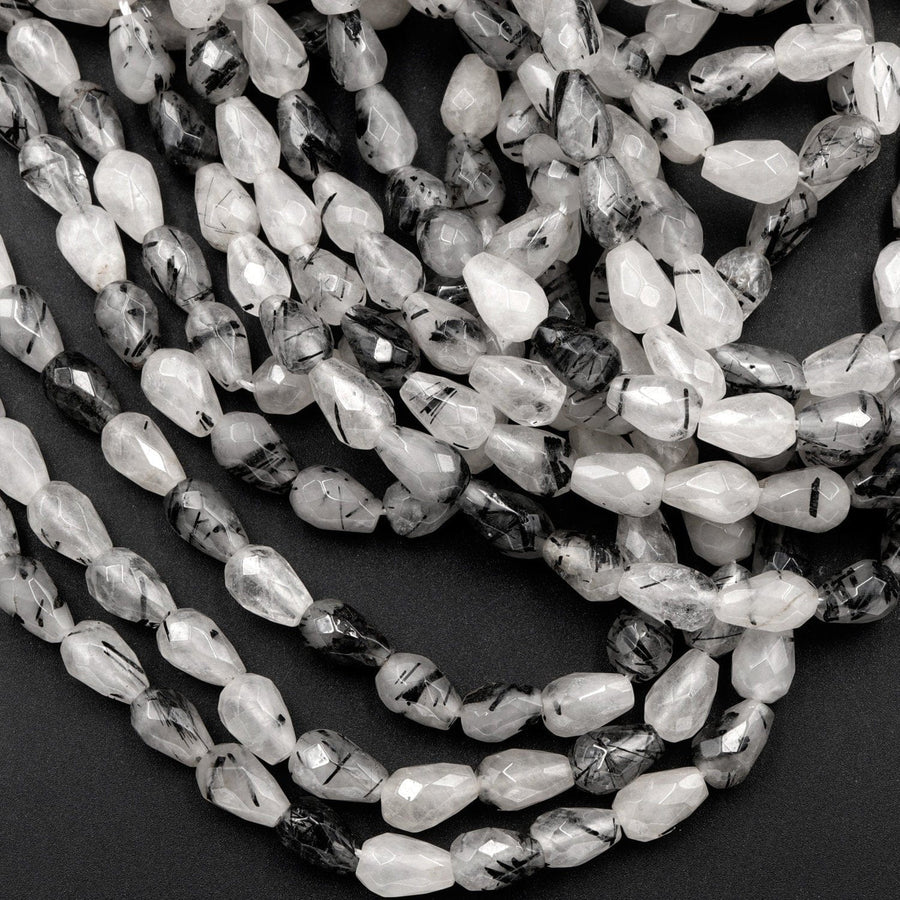 Black Rutilated Quartz Faceted Teardrop Beads 8x5mm Vertically Long Drilled Natural Black Tourmaline in Clear Quartz Gemstone 16" Strand