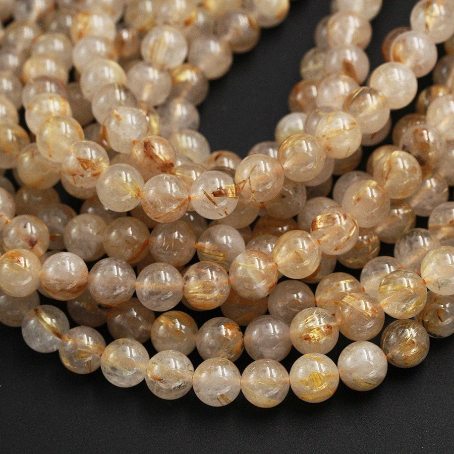 Natural Golden Rutile Quartz 4mm 6mm 8mm 12mm Round Beads Gold Yellow Rutilated Quartz Round Beads Tons of Sharp Rutile Hair Needle Strand