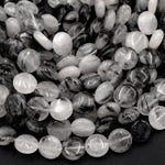 Black Rutilated Quartz Coin Beads 8mm 10mm Black Tourmaline Rutile Quartz Smooth Coin Black Semi Precious Gemstone 16" Strand