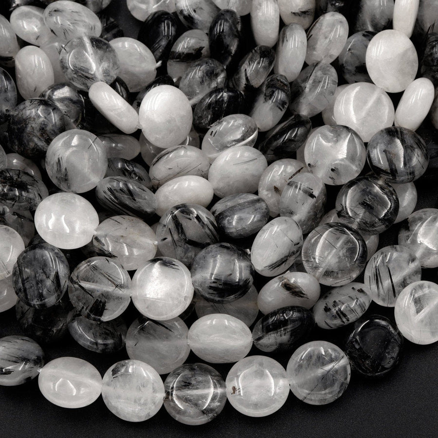 Black Rutilated Quartz Coin Beads 8mm 10mm Black Tourmaline Rutile Quartz Smooth Coin Black Semi Precious Gemstone 16" Strand
