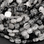 Black Rutilated Quartz Square Beads 10mm Black Tourmaline Rutile Quartz Smooth Coin Black Semi Precious Gemstone 16" Strand
