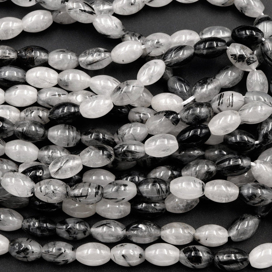 Black Rutilated Quartz Barrel Drum Cylinder Beads 9mm 10mm 16mm Natural Black Tourmaline Rutile in Clear Crystal Quartz Gemstone 16" Strand
