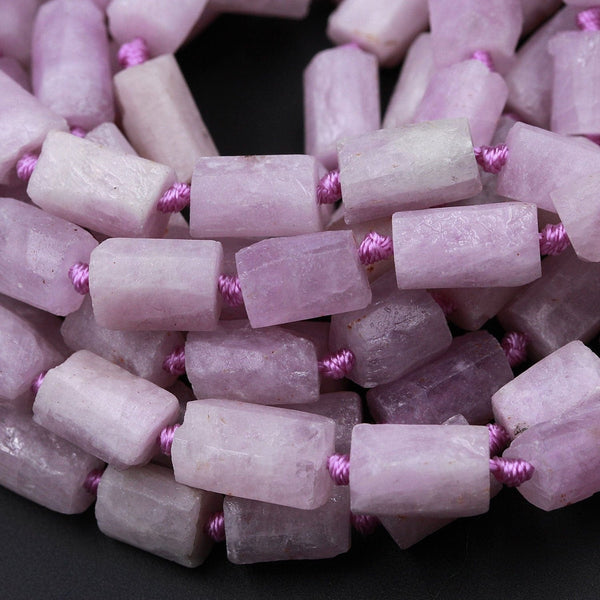 Organic Matte Finish Raw Natural Kunzite Tube High Quality Natural Violet Pink Purple Gemstone Bead Faceted Matte Tube Beads Full 16" Strand