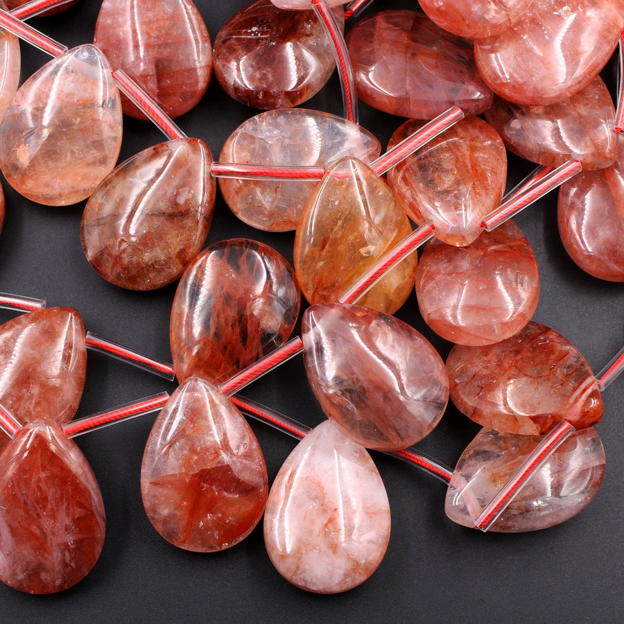 Large Natural Lepidocrocite Quartz Teardrop Beads Stunning Red Gemstone Pendant From Madagascar 16" Strand