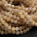Natural Golden Rutile Quartz 4mm 6mm 8mm 12mm Round Beads Gold Yellow Rutilated Quartz Round Beads Tons of Sharp Rutile Hair Needle Strand