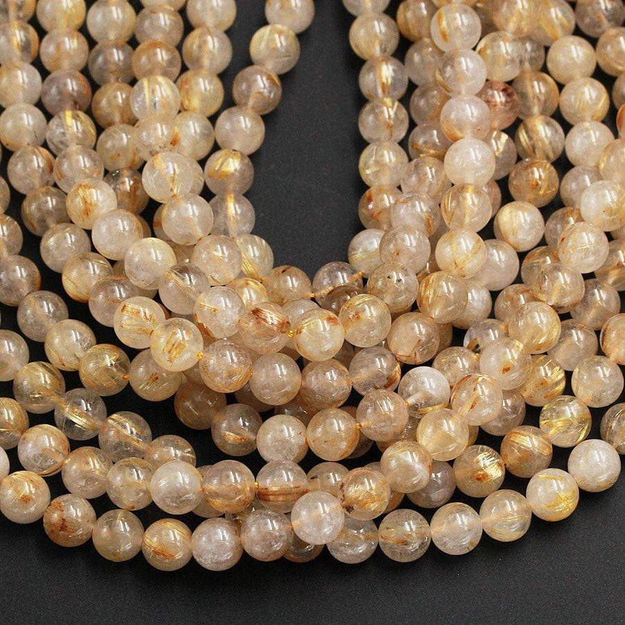 Natural Golden Rutile Quartz 4mm 6mm 8mm 12mm Round Beads Gold Yellow Rutilated Quartz Round Beads Tons of Sharp Rutile Hair Needle Strand