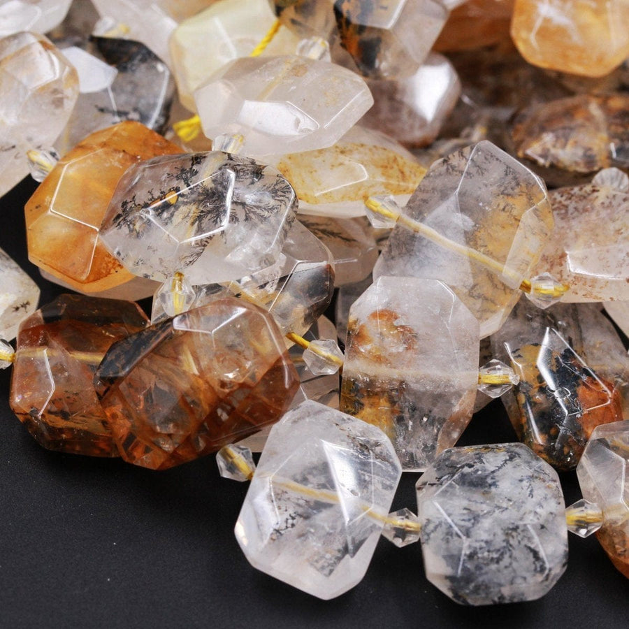 Drilled Dendritic Quartz Beads Natural Golden Rock Crystal Chunky Faceted Slab Cushion Rectangle Nugget Slice Focal Pendant Beads 16" Strand