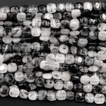 Black Rutilated Quartz Square Beads 10mm Black Tourmaline Rutile Quartz Smooth Coin Black Semi Precious Gemstone 16" Strand