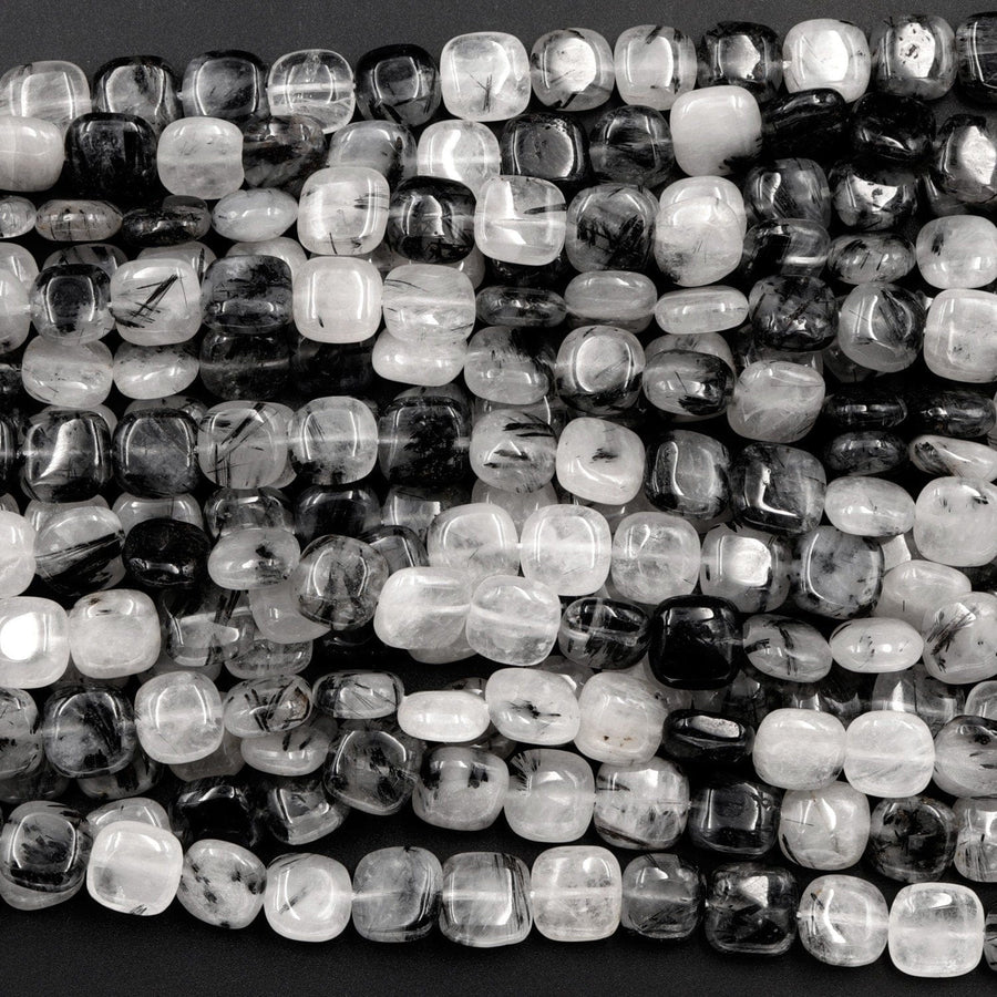 Black Rutilated Quartz Square Beads 10mm Black Tourmaline Rutile Quartz Smooth Coin Black Semi Precious Gemstone 16" Strand