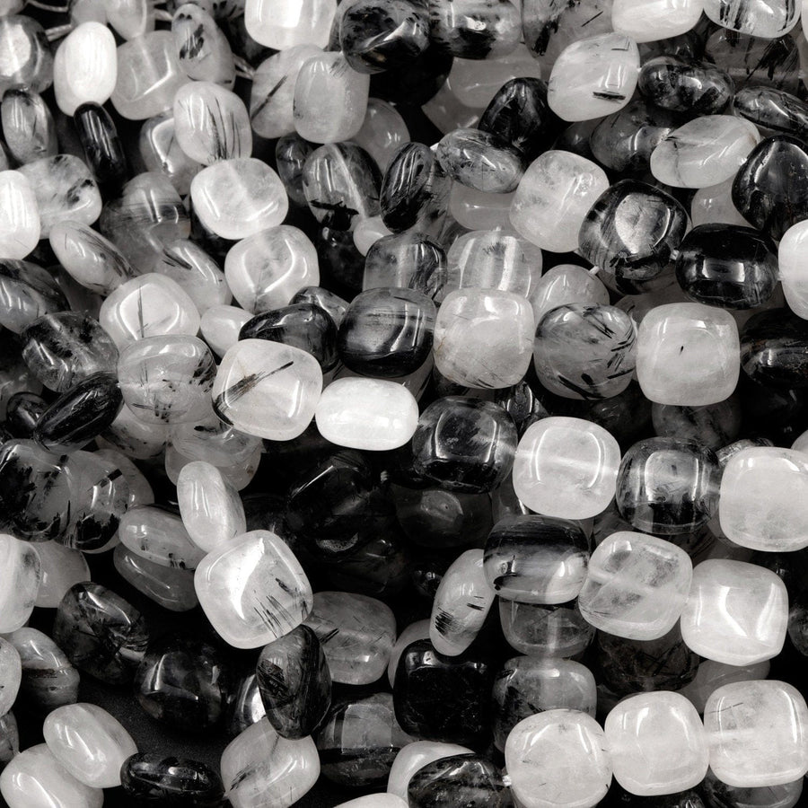 Black Rutilated Quartz Square Beads 10mm Black Tourmaline Rutile Quartz Smooth Coin Black Semi Precious Gemstone 16" Strand