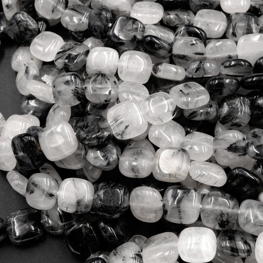 Black Rutilated Quartz Square Beads 10mm Black Tourmaline Rutile Quartz Smooth Coin Black Semi Precious Gemstone 16" Strand