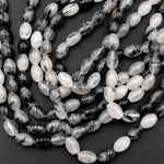 Black Rutilated Quartz Barrel Drum Cylinder Beads 9mm 10mm 16mm Natural Black Tourmaline Rutile in Clear Crystal Quartz Gemstone 16" Strand