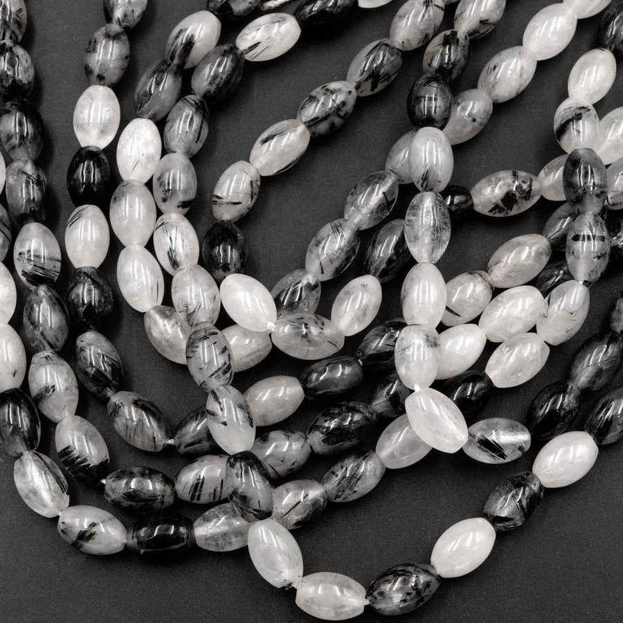 Black Rutilated Quartz Barrel Drum Cylinder Beads 9mm 10mm 16mm Natural Black Tourmaline Rutile in Clear Crystal Quartz Gemstone 16" Strand