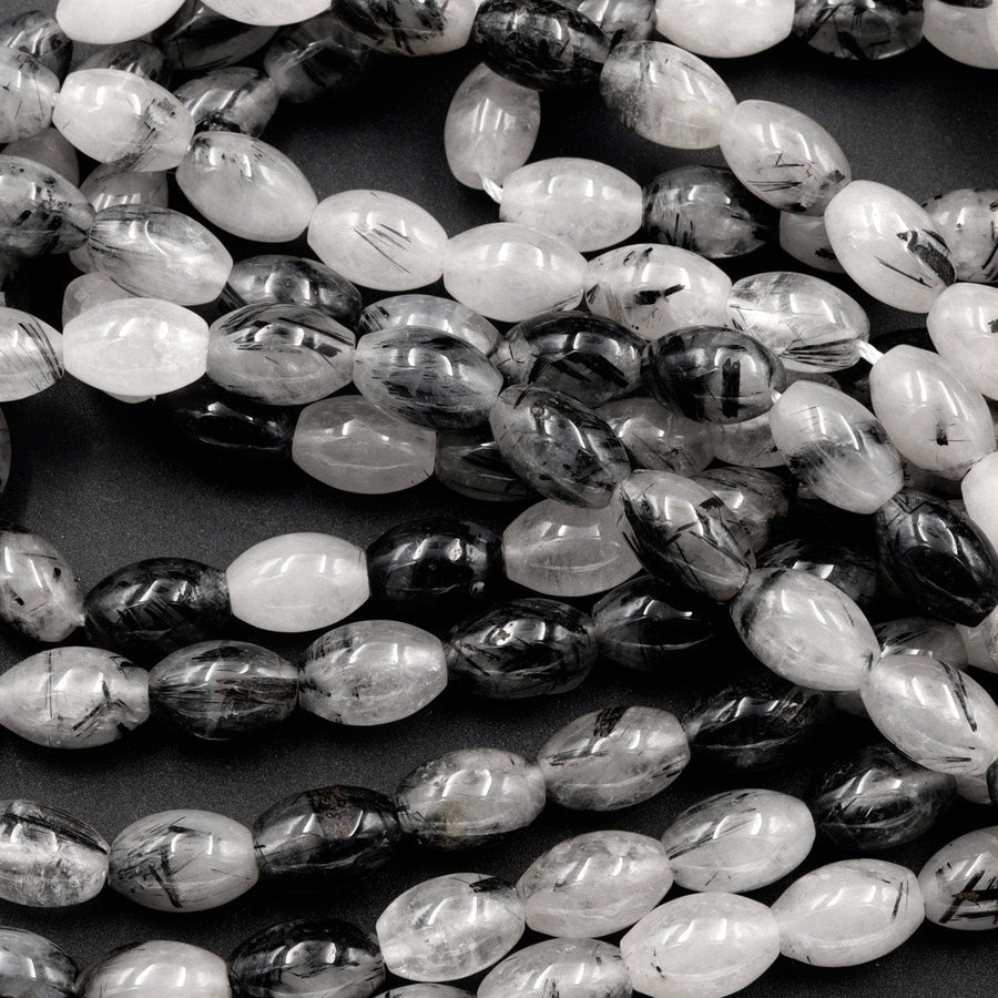 Black Rutilated Quartz Barrel Drum Cylinder Beads 9mm 10mm 16mm Natural Black Tourmaline Rutile in Clear Crystal Quartz Gemstone 16" Strand