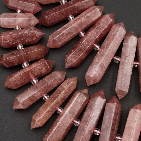 Natural Strawberry Quartz Double Terminated Point Beads Large Long Faceted Focal Pendant Center Drilled Mauve Red Point 16" Strand