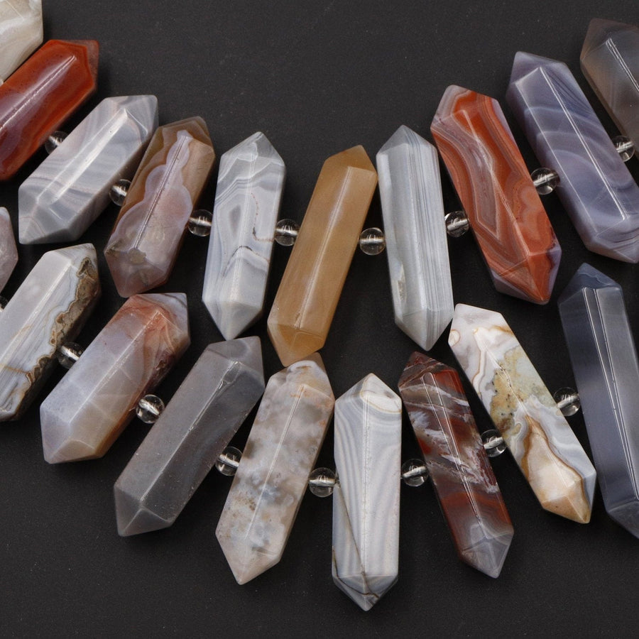 Natural Botswana Agate Beads Faceted Double Terminated Points Amazing Veins Bands Large Long Pendant Top Side Drilled Bead Bullet 16" Strand