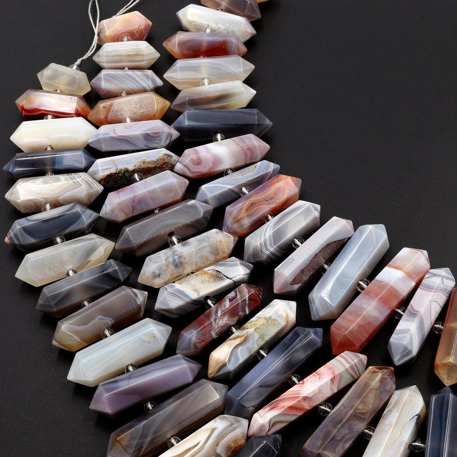 Natural Botswana Agate Beads Faceted Double Terminated Points Amazing Veins Bands Large Long Pendant Top Side Drilled Bead Bullet 16" Strand