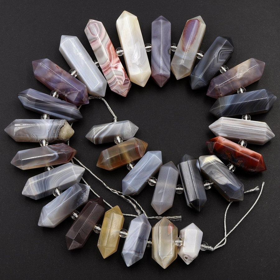 Natural Botswana Agate Beads Faceted Double Terminated Points Amazing Veins Bands Large Long Pendant Top Side Drilled Bead Bullet 16" Strand