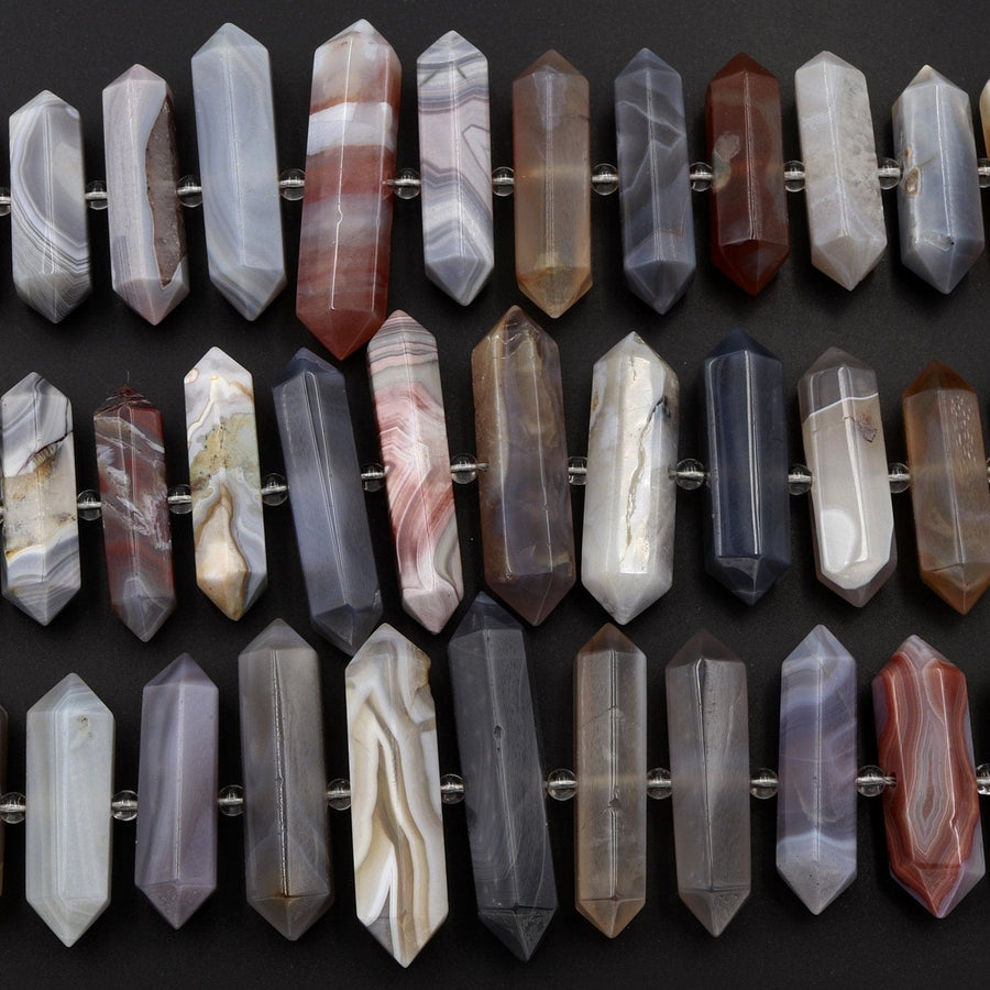 Natural Botswana Agate Beads Faceted Double Terminated Points Amazing Veins Bands Large Long Pendant Top Side Drilled Bead Bullet 16" Strand