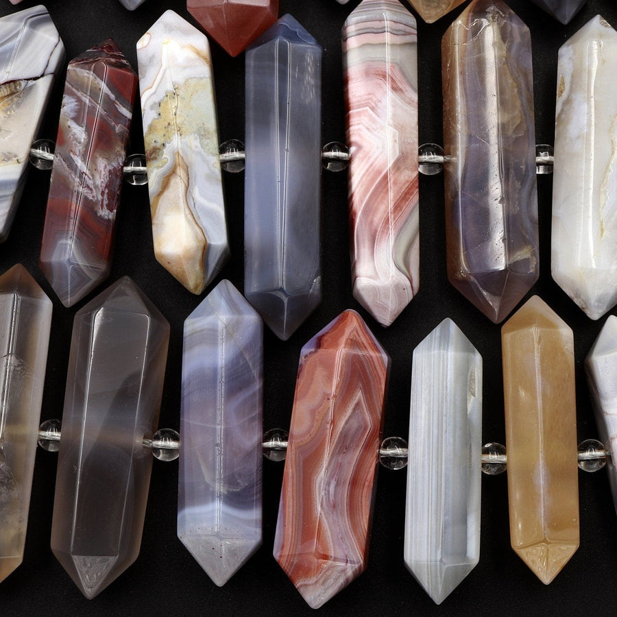 Natural Botswana Agate Beads Faceted Double Terminated Points Amazing Veins Bands Large Long Pendant Top Side Drilled Bead Bullet 16" Strand