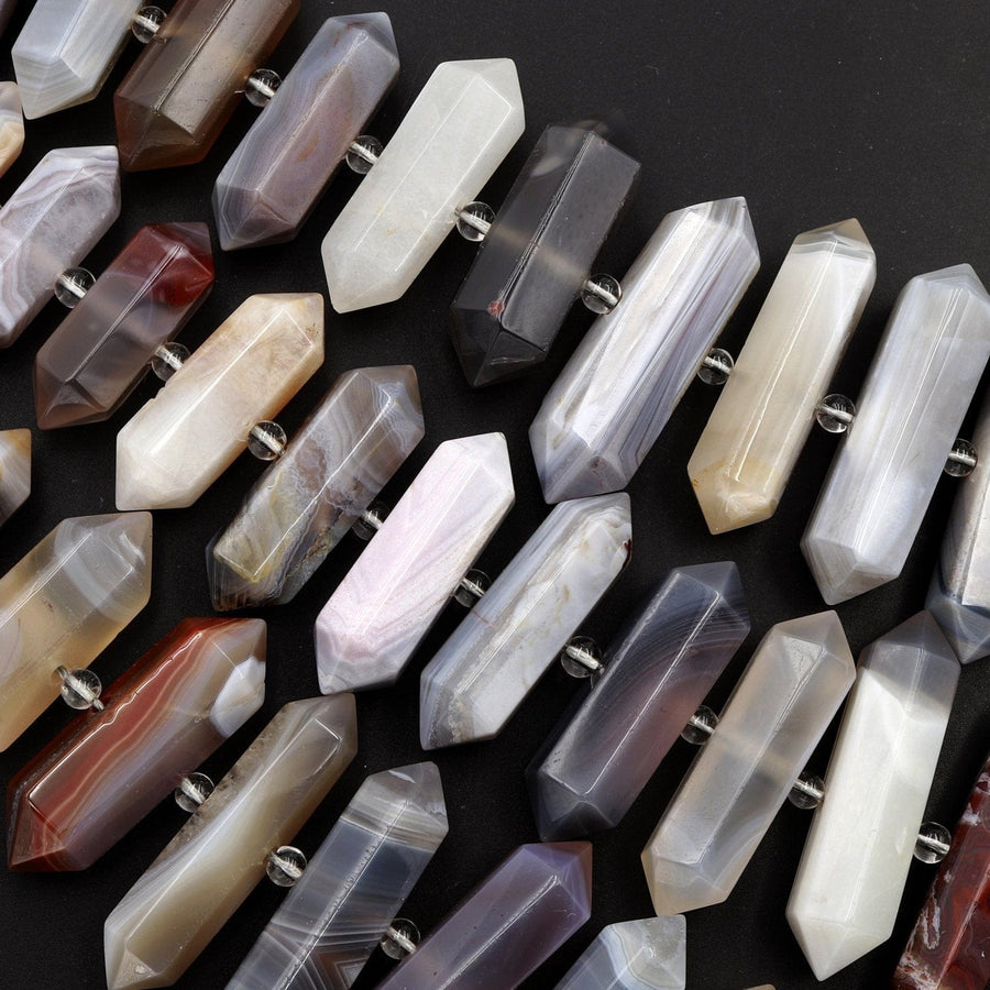 Natural Botswana Agate Beads Faceted Double Terminated Points Amazing Veins Bands Large Long Pendant Top Side Drilled Bead Bullet 16" Strand