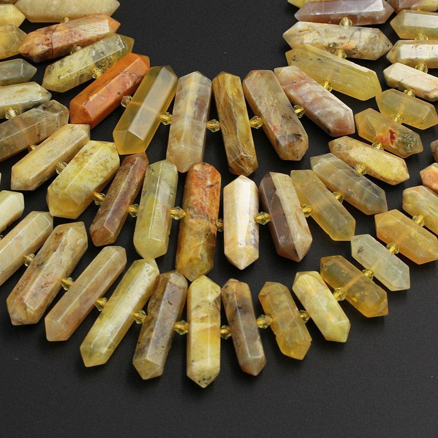Large Natural Yellow Opal Beads Faceted Double Terminated Pointed Tips Healing Focal Pendant Bead African Opal Bicone Bullet 16" Strand