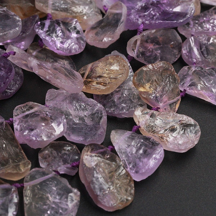 Natural Ametrine Teardrop Top Side Drilled Druzy Raw Rough Beads Purple Amethyst Golden Citrine  Freeform Teardrop Gemstone Beads 16" Strand