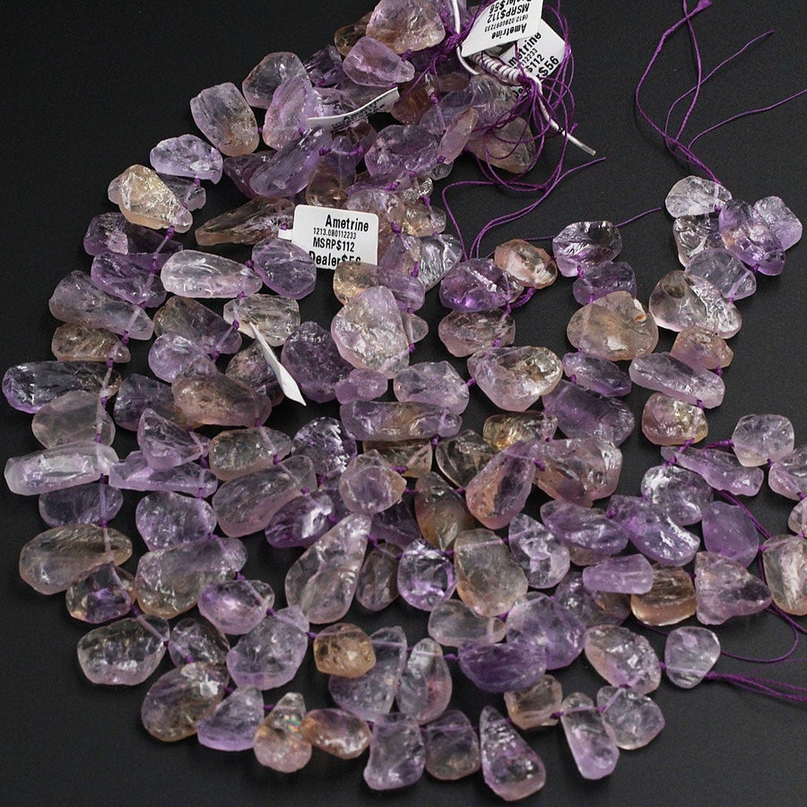 Natural Ametrine Teardrop Top Side Drilled Druzy Raw Rough Beads Purple Amethyst Golden Citrine  Freeform Teardrop Gemstone Beads 16" Strand