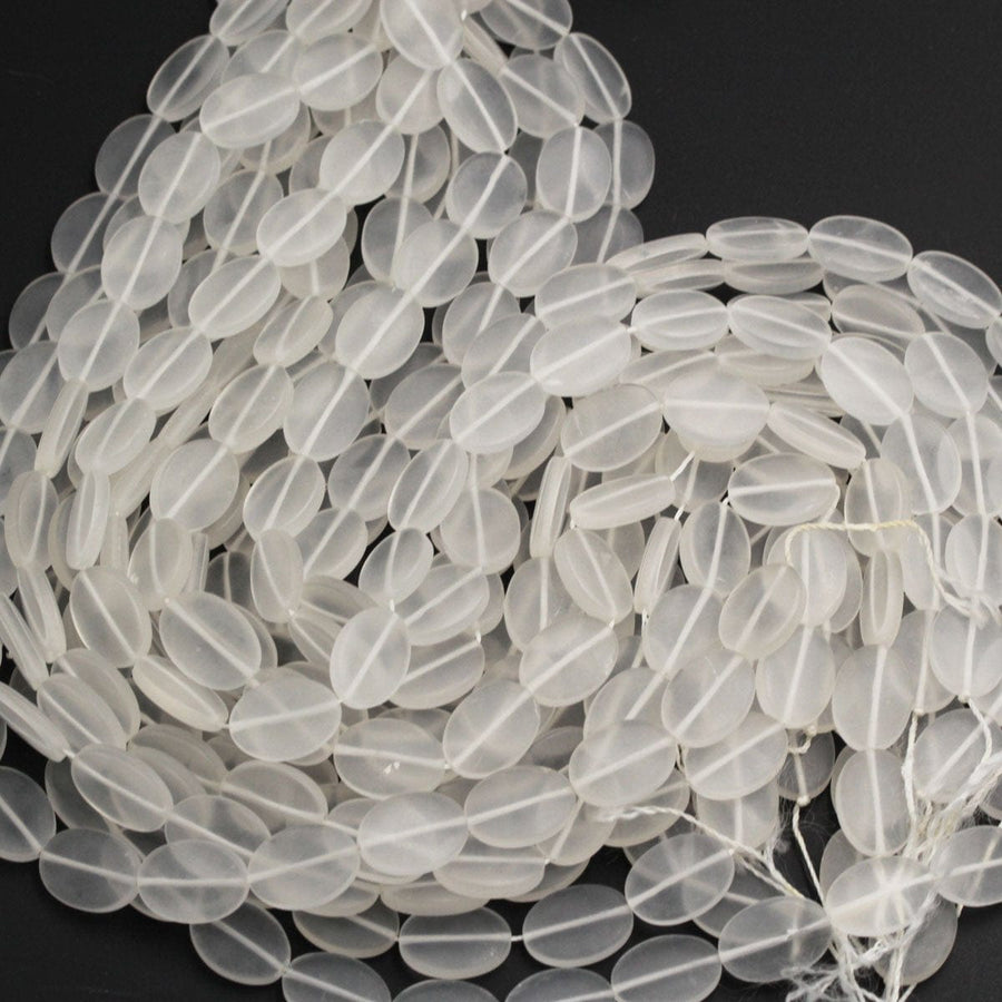 Matte Rock Crystal Quartz Beads Oval Smooth Flat Beads Natural Clear White Crystal Bead Good for Earrings 16" Strand