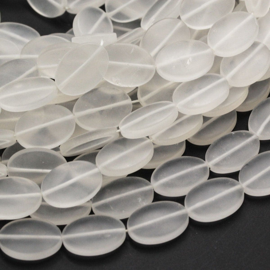 Matte Rock Crystal Quartz Beads Oval Smooth Flat Beads Natural Clear White Crystal Bead Good for Earrings 16" Strand
