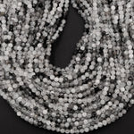 Natural Black Tourmaline Rutile Quartz Rutilated Quartz 3mm 4mm Faceted Round Beads Micro Faceted Laser Diamond Cut 16" Strand