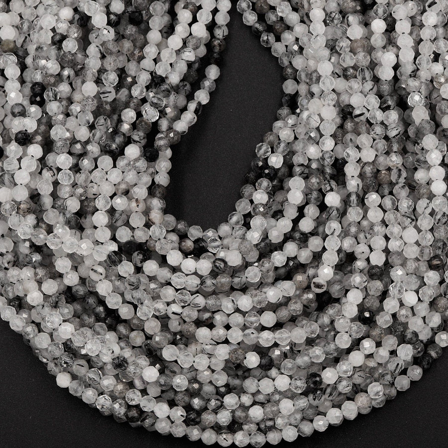 Natural Black Tourmaline Rutile Quartz Rutilated Quartz 3mm 4mm Faceted Round Beads Micro Faceted Laser Diamond Cut 16" Strand
