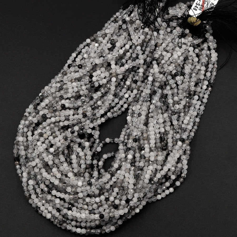 Natural Black Tourmaline Rutile Quartz Rutilated Quartz 3mm 4mm Faceted Round Beads Micro Faceted Laser Diamond Cut 16" Strand