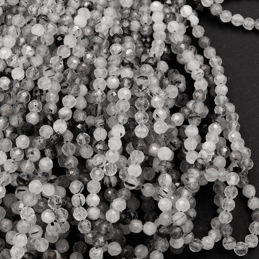 Natural Black Tourmaline Rutile Quartz Rutilated Quartz 3mm 4mm Faceted Round Beads Micro Faceted Laser Diamond Cut 16" Strand