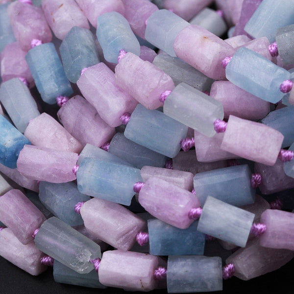 Organic Matte Finish Raw Natural Kunzite Blue Aquamarine Tube Beads High Quality Natural Violet Pink Purple Gemstone Faceted Full 16" Strand