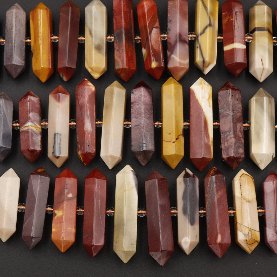 Natural Australian Mookaite Jasper Beads Faceted Double Terminated Points Large Long Healing Focal Pendant Bullet Hexagon Bicone 16" Strand