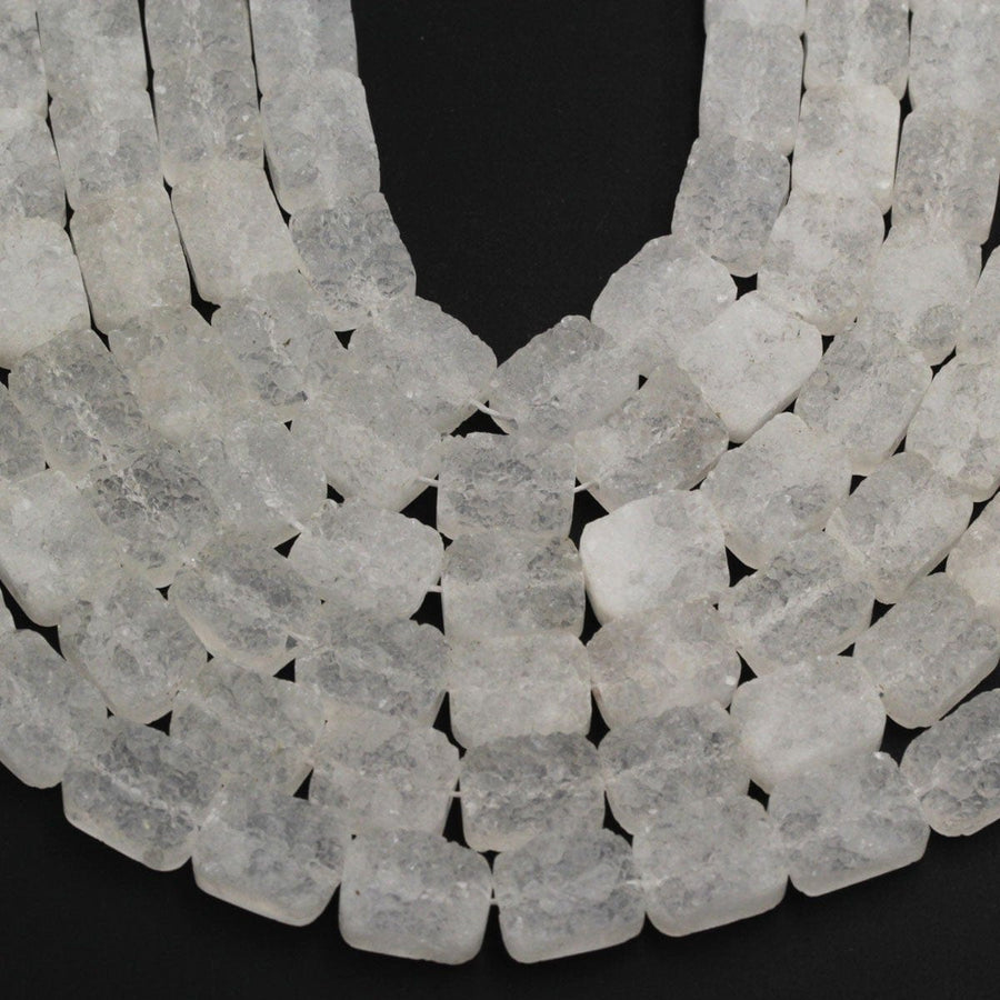 Pristine Icy White Natural Rock Quartz Druzy Beads Drusy Beads 8mm 12mm Rectangle Drilled Crystal Beads Perfect for Earrings 16" Full Strand