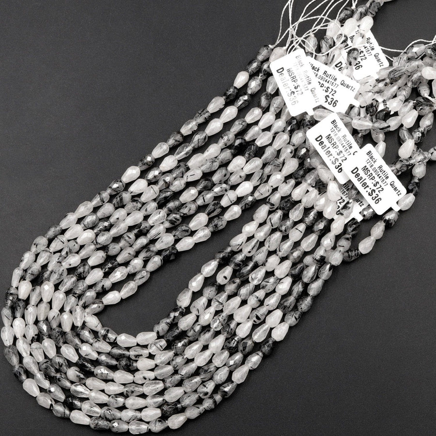 Black Rutilated Quartz Faceted Teardrop Beads 8x5mm Vertically Long Drilled Natural Black Tourmaline in Clear Quartz Gemstone 16" Strand