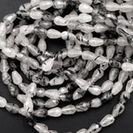 Black Rutilated Quartz Faceted Teardrop Beads 8x5mm Vertically Long Drilled Natural Black Tourmaline in Clear Quartz Gemstone 16" Strand