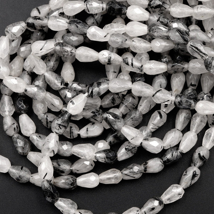 Black Rutilated Quartz Faceted Teardrop Beads 8x5mm Vertically Long Drilled Natural Black Tourmaline in Clear Quartz Gemstone 16" Strand