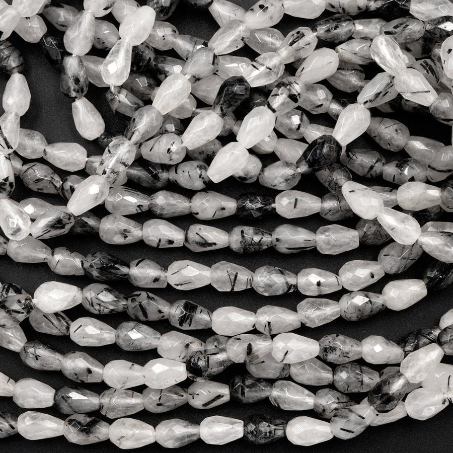 Black Rutilated Quartz Faceted Teardrop Beads 8x5mm Vertically Long Drilled Natural Black Tourmaline in Clear Quartz Gemstone 16" Strand