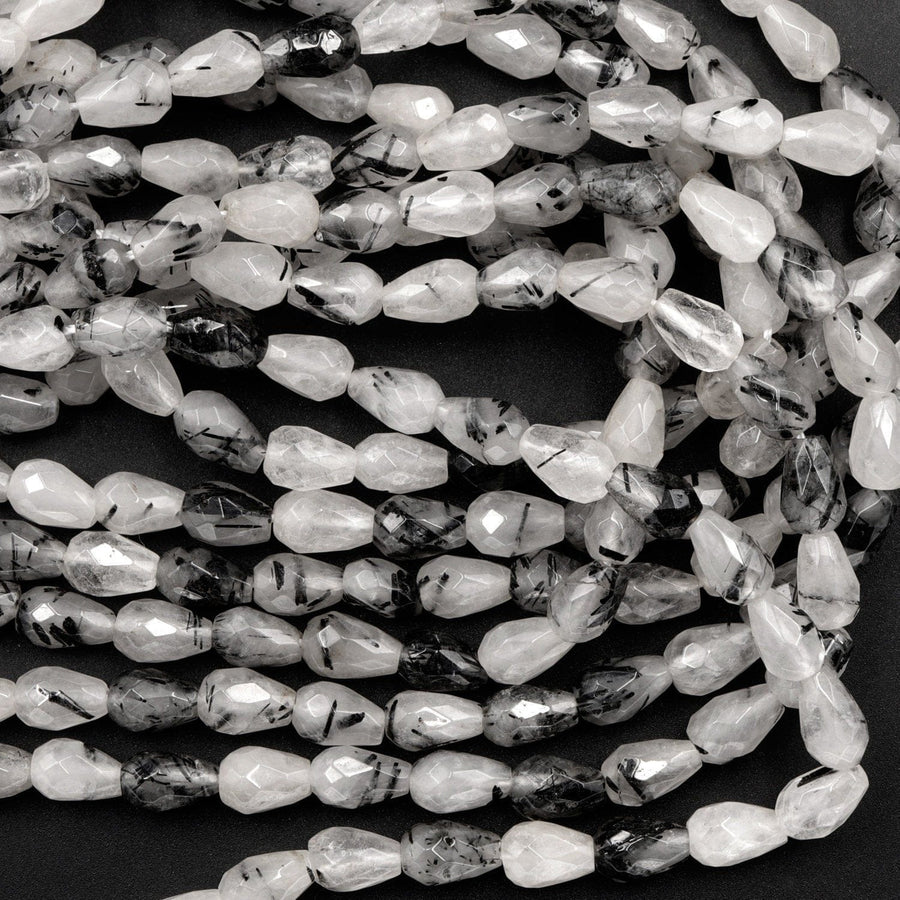 Black Rutilated Quartz Faceted Teardrop Beads 8x5mm Vertically Long Drilled Natural Black Tourmaline in Clear Quartz Gemstone 16" Strand