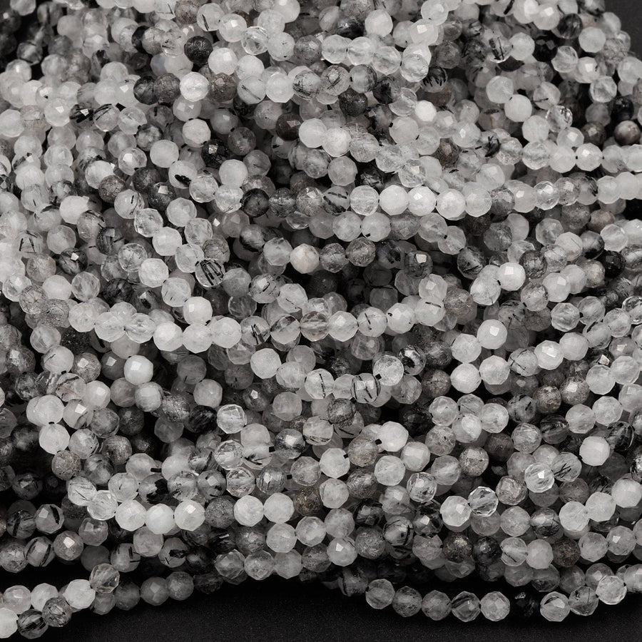 Natural Black Tourmaline Rutile Quartz Rutilated Quartz 3mm 4mm Faceted Round Beads Micro Faceted Laser Diamond Cut 16" Strand
