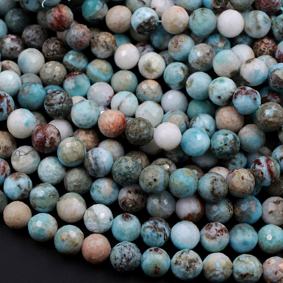 Natural Larimar Faceted 10mm Round Beads Genuine Natural Blue Larimar Red Iron Matrix Gemstone 16" Strand