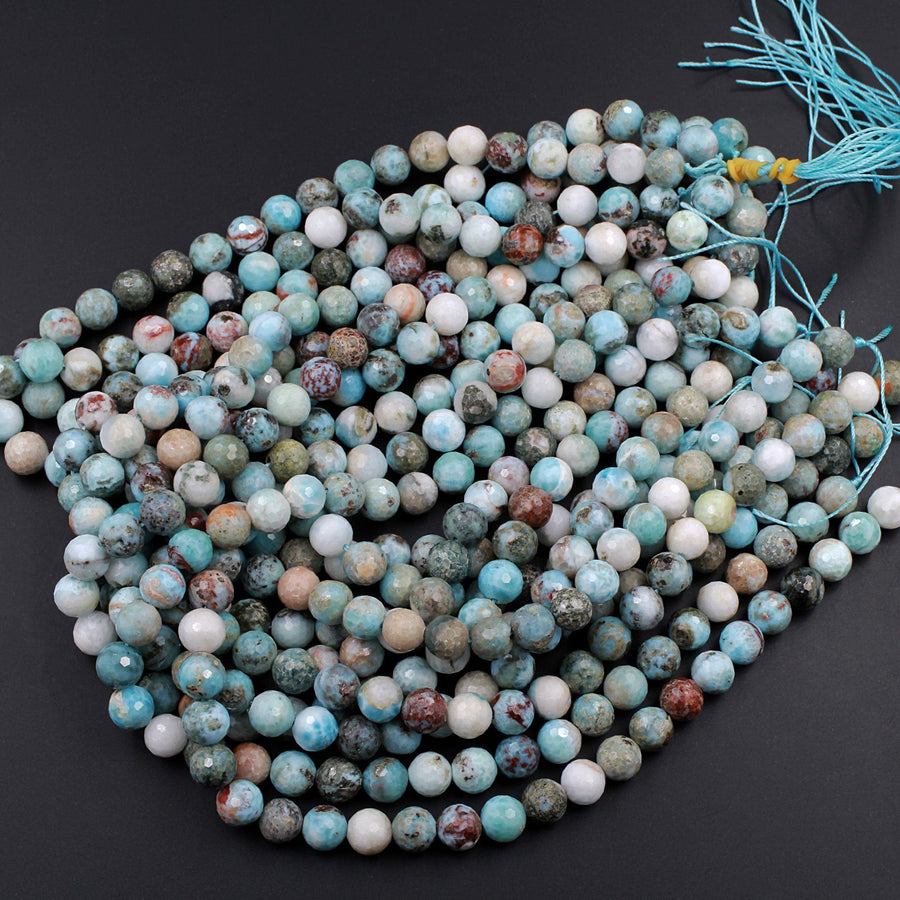 Natural Larimar Faceted 10mm Round Beads Genuine Natural Blue Larimar Red Iron Matrix Gemstone 16" Strand